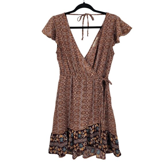 Y2K Boho Flutter Sleeve Faux Wrap Baby Doll Mini Dress Sz M Ruffle Hem Brown - Picture 2 of 13